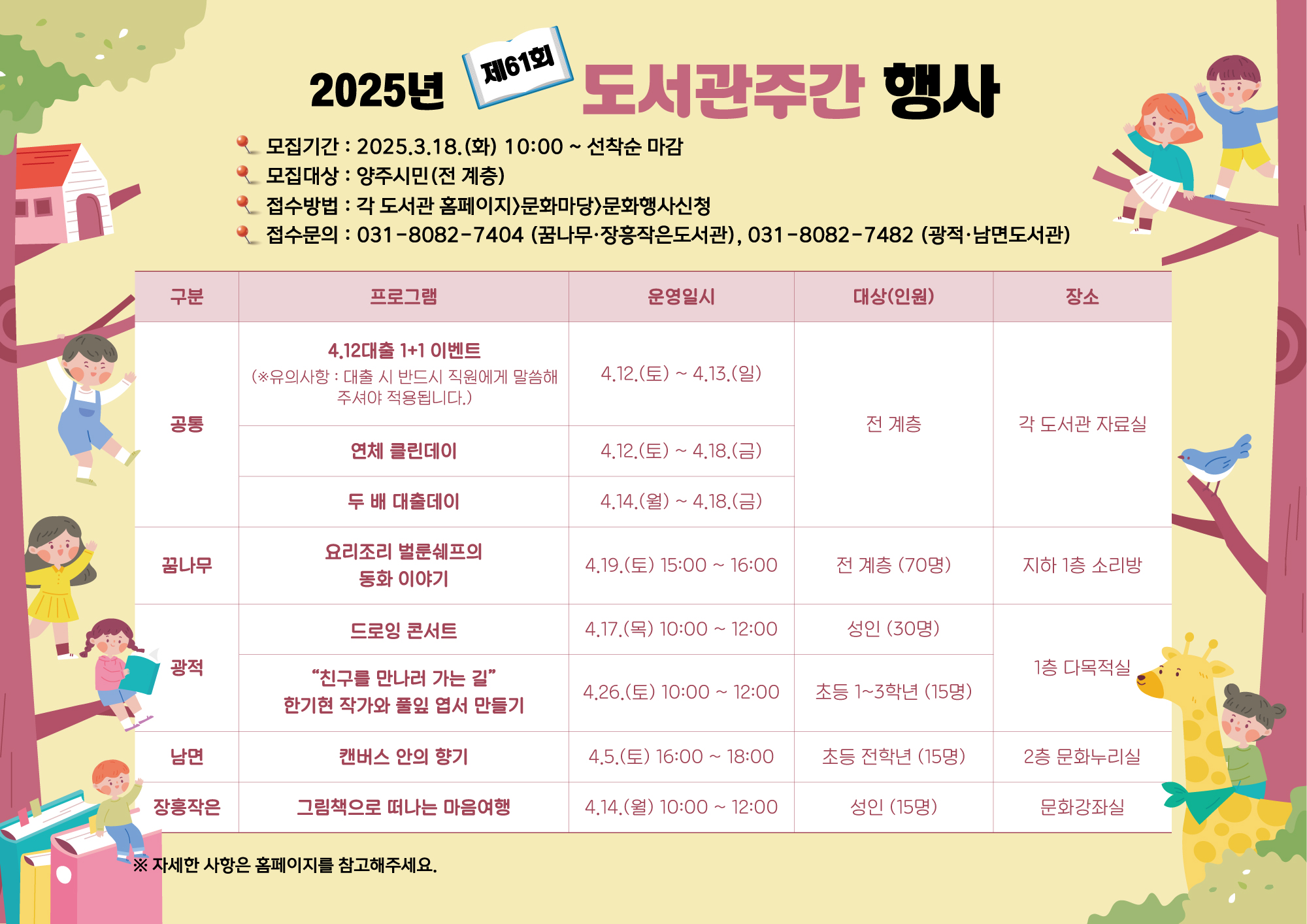 2025년 도서관 주간(꿈나무·남면·광적·장흥작은도서관) 행사 안내 이미지