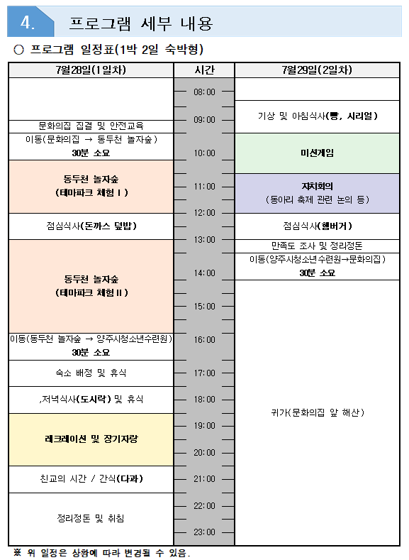 양주청소년문화의집 자치기구 「한마음」 연합캠프 참가신청 및 개인정보 수집·이용 동의서 제출 안내 이미지1