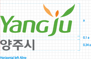 워드마크 강조형_상하 조합 (좌측정렬) 이미지이며 Horizontal left Aline / Yangju 글자높이를 a라고 했을 때 Yangju와 양주시의 글자사이 간격은 0.1a, 양주시의 글자높이는 0.34a 비율로 표현